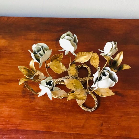 Vintage Hollywood regency Italian gilt tile metal rose candelabra - Picture 3 of 9